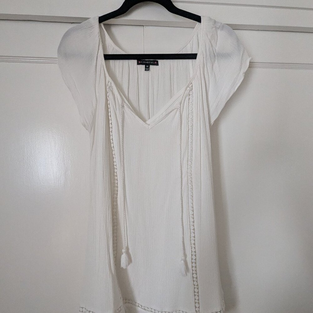 Boho white tassel and pink denim mini dress